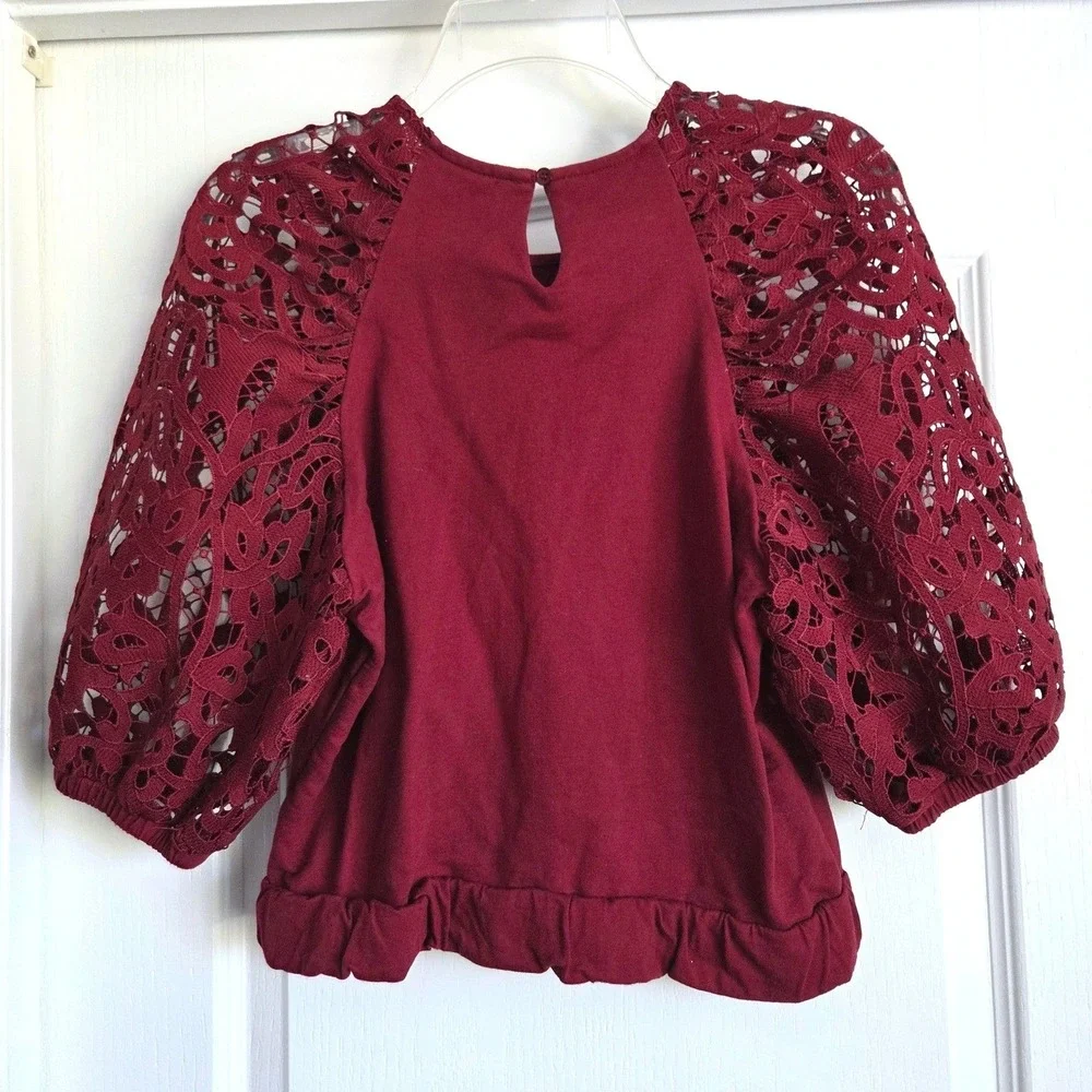 Dolan‎ Left Coast Anthropologie Lace Sleeve Top Burgundy Red Knit Blouse Sz S